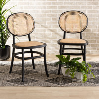 Baxton Studio C19-Black-Beechwood/Rattan-DC Garold Mid-Century Modern Brown Woven Rattan and Black Wood 2-Piece Cane Dining Chair Setv